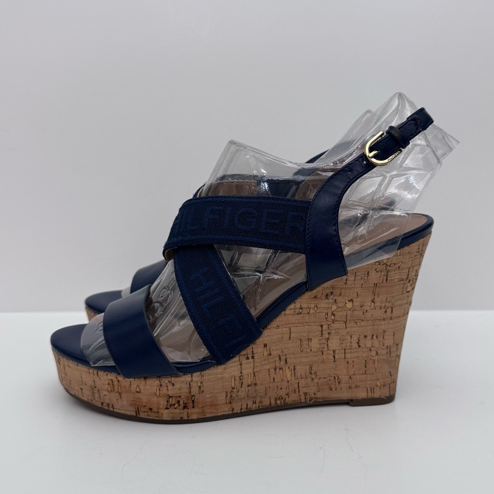 Tommy Hilfiger Woman’s Wedge Sandals Size7.5 Navy Blue Cork Platform Logo Straps - Picture 5 of 13